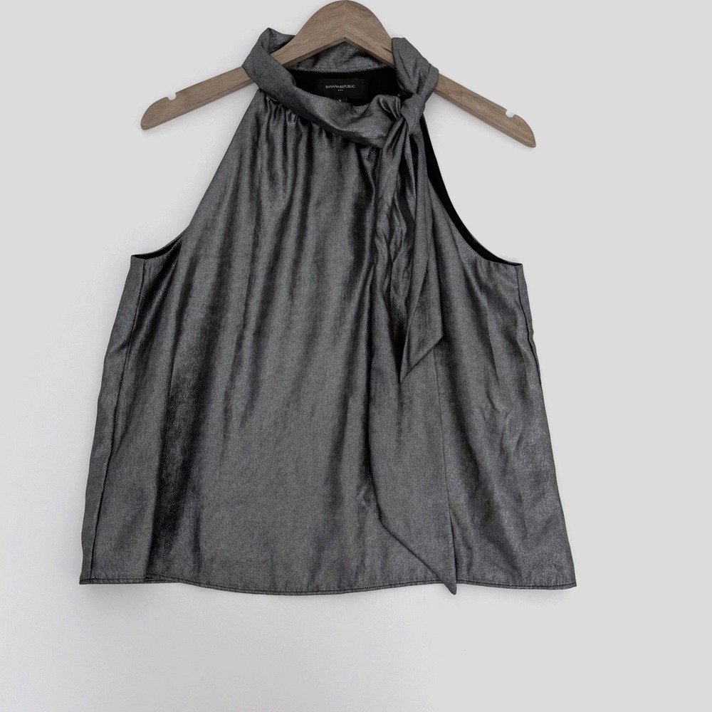 Banana Republic Halter Top Womens S Silver Metallic Tie Neck Sleeveless Blouse